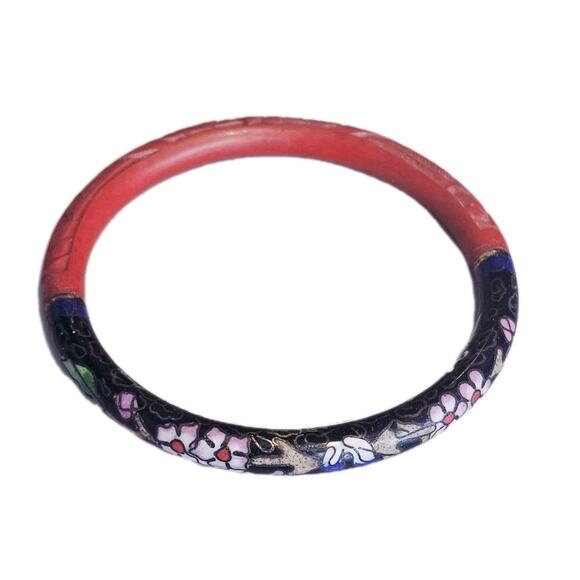 VTG Chinese Carved Cinnabar Red Lacquer Cloisonne Flower Bangle Bracelet 8" - Picture 1 of 6